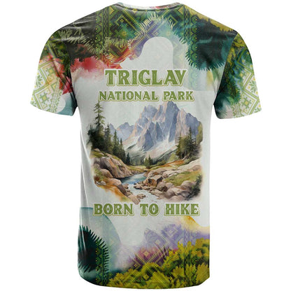 Triglav National Park T-Shirt Mountain Landscape with Slovenia Crest and Folk Art Details Graphic Tee