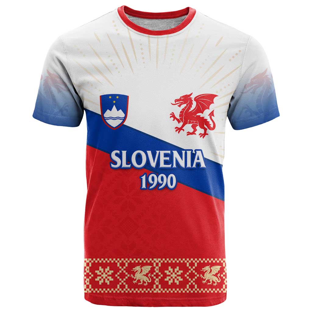 Slovenian Independence T-Shirt 1990 Tribute with Dragon Emblem and Alpine Legacy Graphic Tee