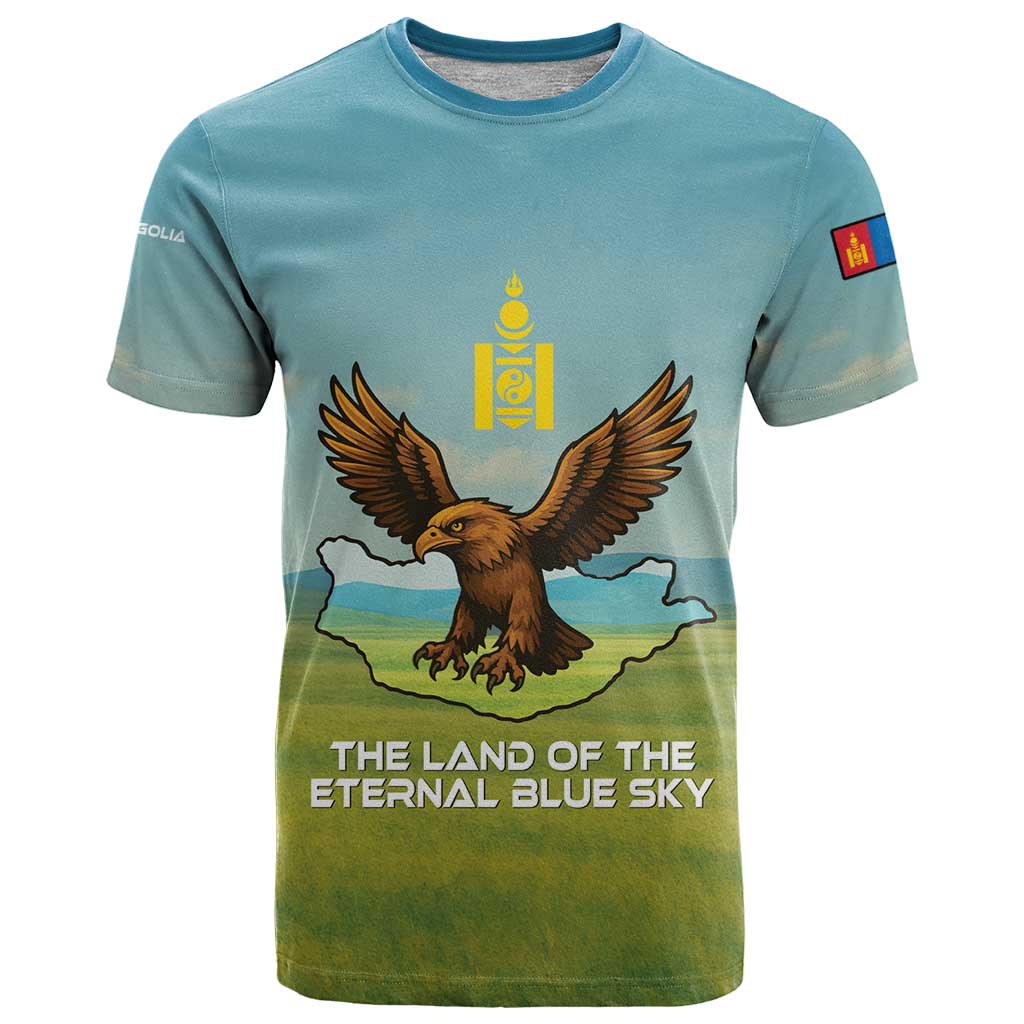Mongolia T-Shirt with Eagle Map Eternal Blue Sky Steppe Spirit Graphic Tee