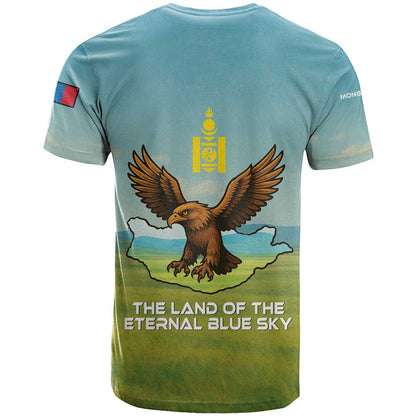 Mongolia T-Shirt with Eagle Map Eternal Blue Sky Steppe Spirit Graphic Tee