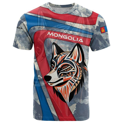 Mongolia T-Shirt with Tribal Wolf Clouds Red Blue Flag Spirit Graphic Tee