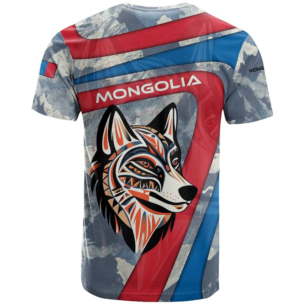 Mongolia T-Shirt with Tribal Wolf Clouds Red Blue Flag Spirit Graphic Tee