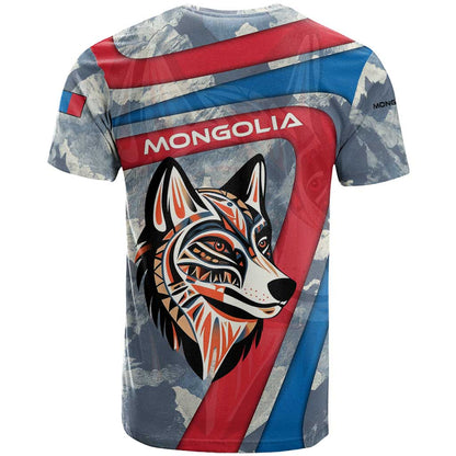 Mongolia T-Shirt with Tribal Wolf Clouds Red Blue Flag Spirit Graphic Tee