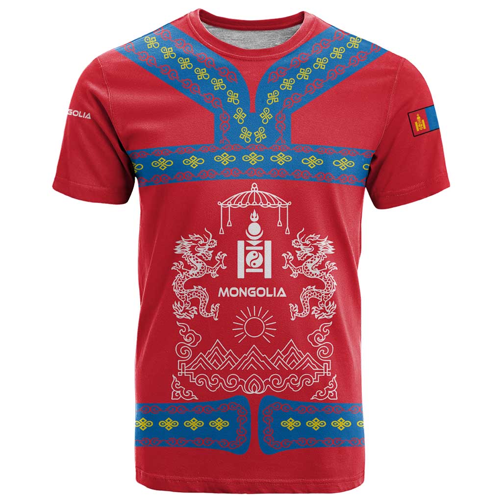 Mongolia T-Shirt with Soyombo Dragon Sun Red Blue Tradition Spirit Graphic Tee