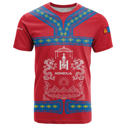 Mongolia T-Shirt with Soyombo Dragon Sun Red Blue Tradition Spirit Graphic Tee