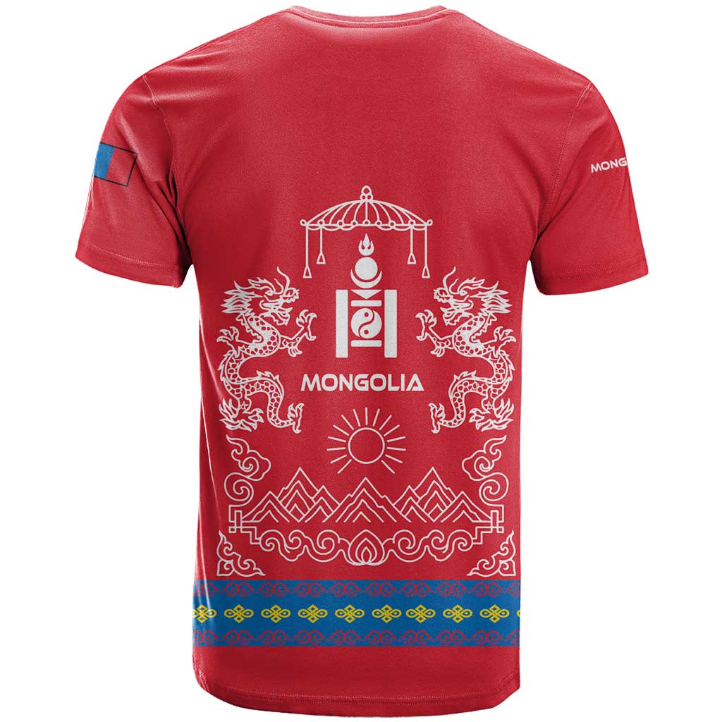 Mongolia T-Shirt with Soyombo Dragon Sun Red Blue Tradition Spirit Graphic Tee