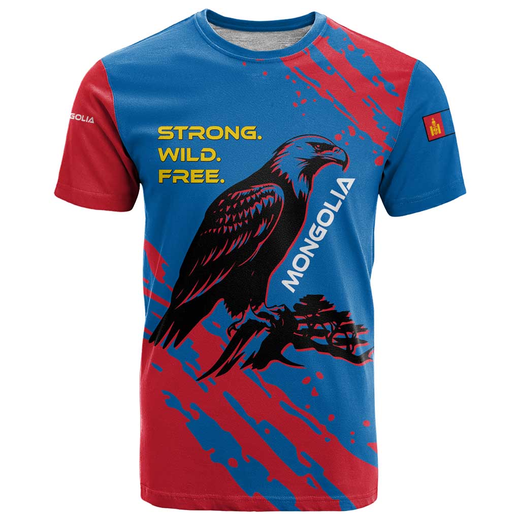 Mongolia T-Shirt with Eagle Strong Wild Free Red Blue Brush Spirit Graphic Tee