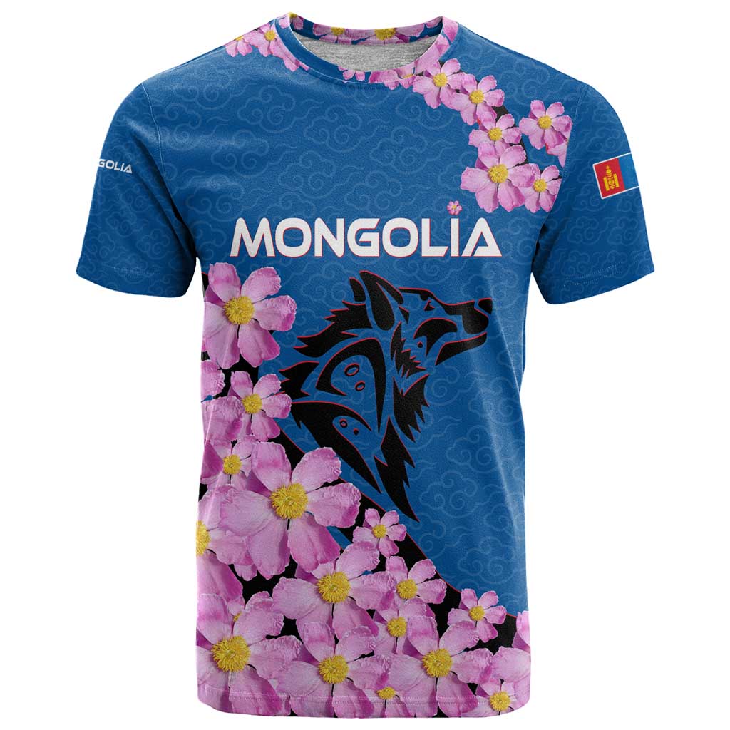 Mongolia T-Shirt with Floral Wolf Pink Blossom Blue Sky Spirit Graphic Tee