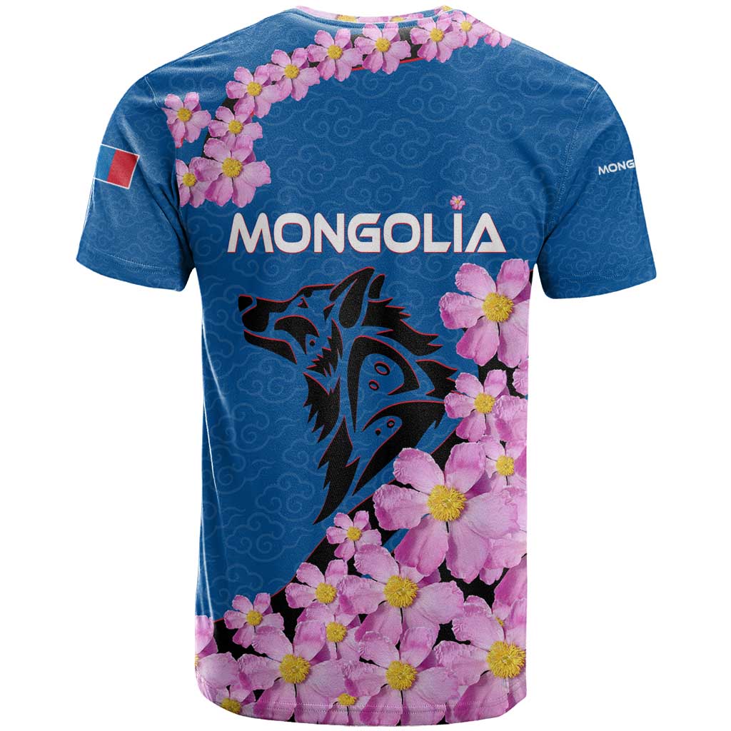 Mongolia T-Shirt with Floral Wolf Pink Blossom Blue Sky Spirit Graphic Tee