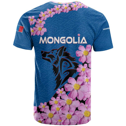 Mongolia T-Shirt with Floral Wolf Pink Blossom Blue Sky Spirit Graphic Tee
