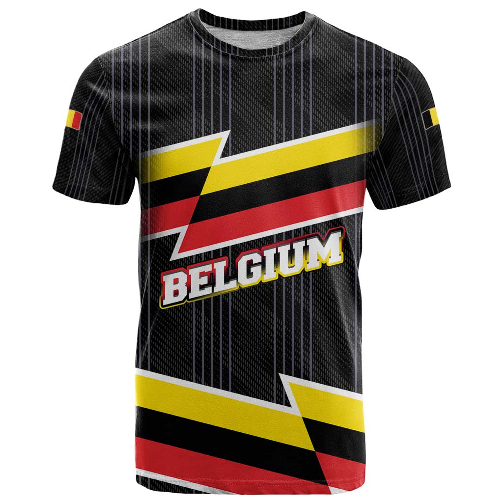 Belgium T-Shirt with Black Red Yellow Lightning Flag Stripe Spirit Graphic Tee