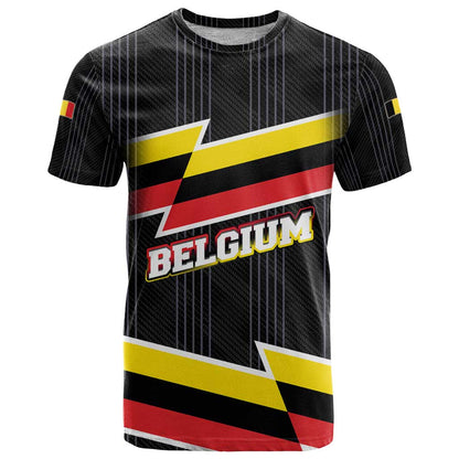 Belgium T-Shirt with Black Red Yellow Lightning Flag Stripe Spirit Graphic Tee