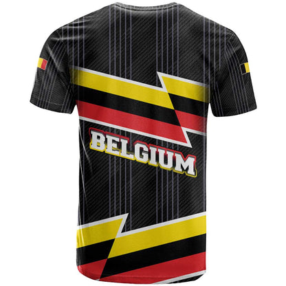 Belgium T-Shirt with Black Red Yellow Lightning Flag Stripe Spirit Graphic Tee