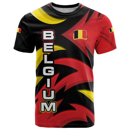 Belgium T-Shirt with Black Red Lion Crest Flag Flame Spirit Graphic Tee