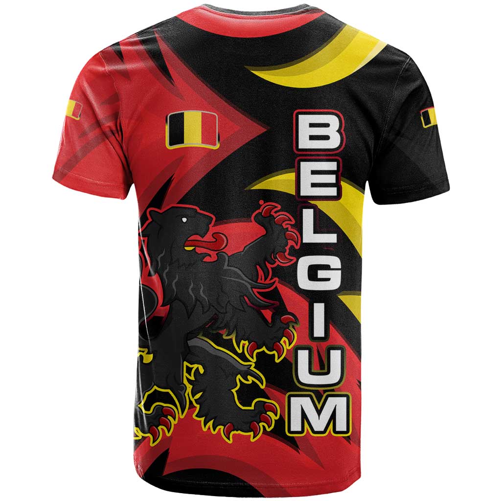 Belgium T-Shirt with Black Red Lion Crest Flag Flame Spirit Graphic Tee
