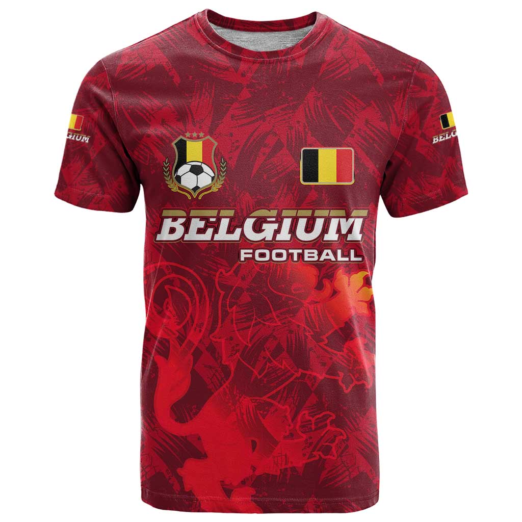Belgium T-Shirt with Football Red Map Crest Rose Spirit Graphic Tee