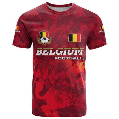 Belgium T-Shirt with Football Red Map Crest Rose Spirit Graphic Tee