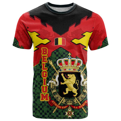 Belgium T-Shirt with Royal Coat of Arms Crown Lion Red Green Checker Spirit Graphic Tee