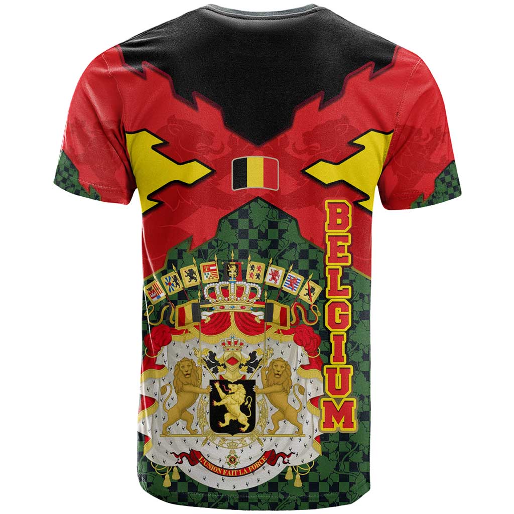 Belgium T-Shirt with Royal Coat of Arms Crown Lion Red Green Checker Spirit Graphic Tee