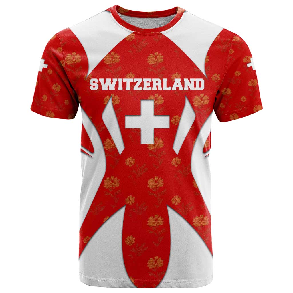Switzerland Flag T-Shirt with Floral Pattern Red and White Sportswear Graphic Tee