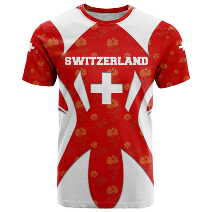 Switzerland Flag T-Shirt with Floral Pattern Red and White Sportswear Graphic Tee