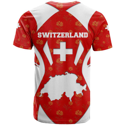 Switzerland Flag T-Shirt with Floral Pattern Red and White Sportswear Graphic Tee