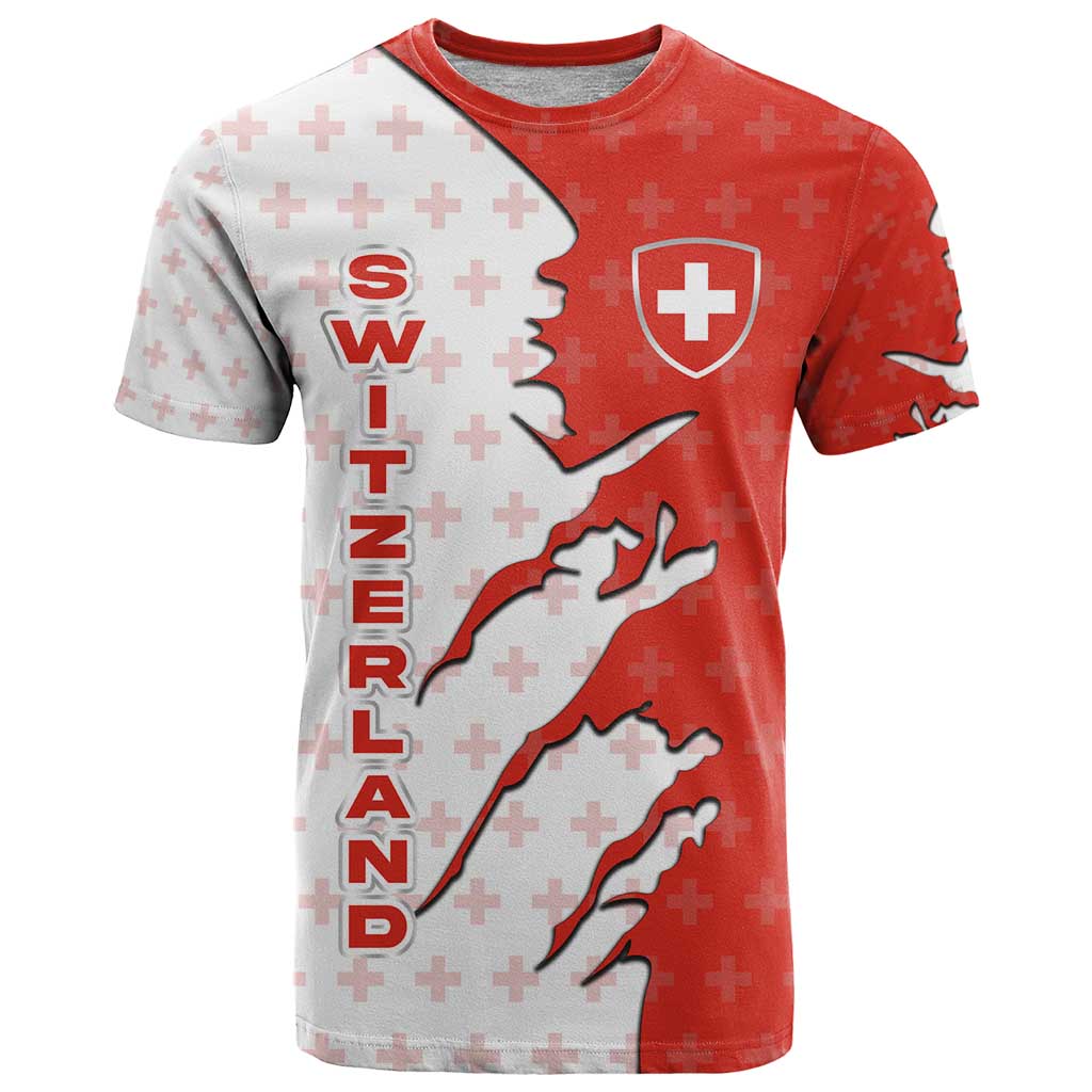 Switzerland Map Scratch Claw Swiss Flag T-Shirt with Vertical Text Graphic Tee