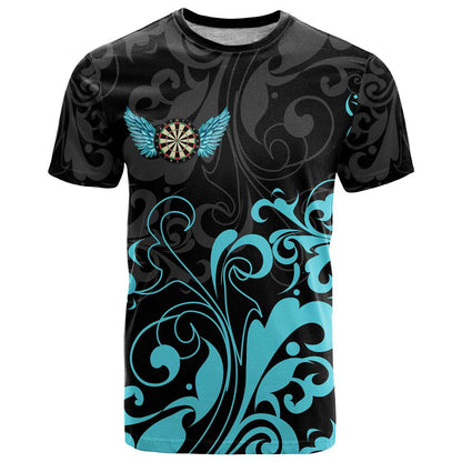 Personalized Elegant Wings and Dartboard Design T-Shirt with Swirling Floral Patterns Graphic Tee