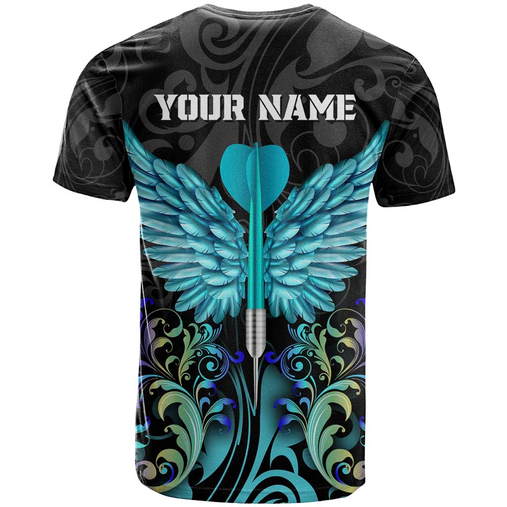Personalized Elegant Wings and Dartboard Design T-Shirt with Swirling Floral Patterns Graphic Tee