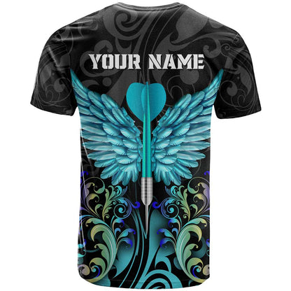 Personalized Elegant Wings and Dartboard Design T-Shirt with Swirling Floral Patterns Graphic Tee