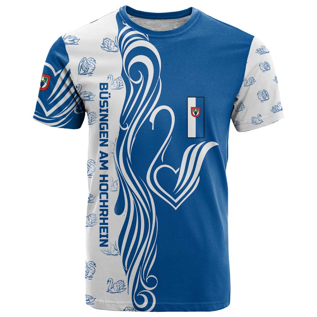 Busingen am Hochrhein Germany T-Shirt with Swan Pattern and Blue White Heart Design Graphic Tee