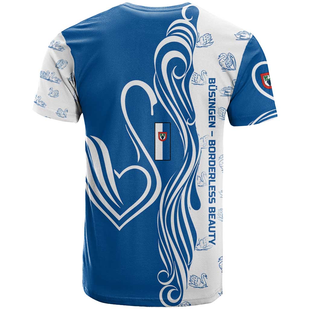 Busingen am Hochrhein Germany T-Shirt with Swan Pattern and Blue White Heart Design Graphic Tee