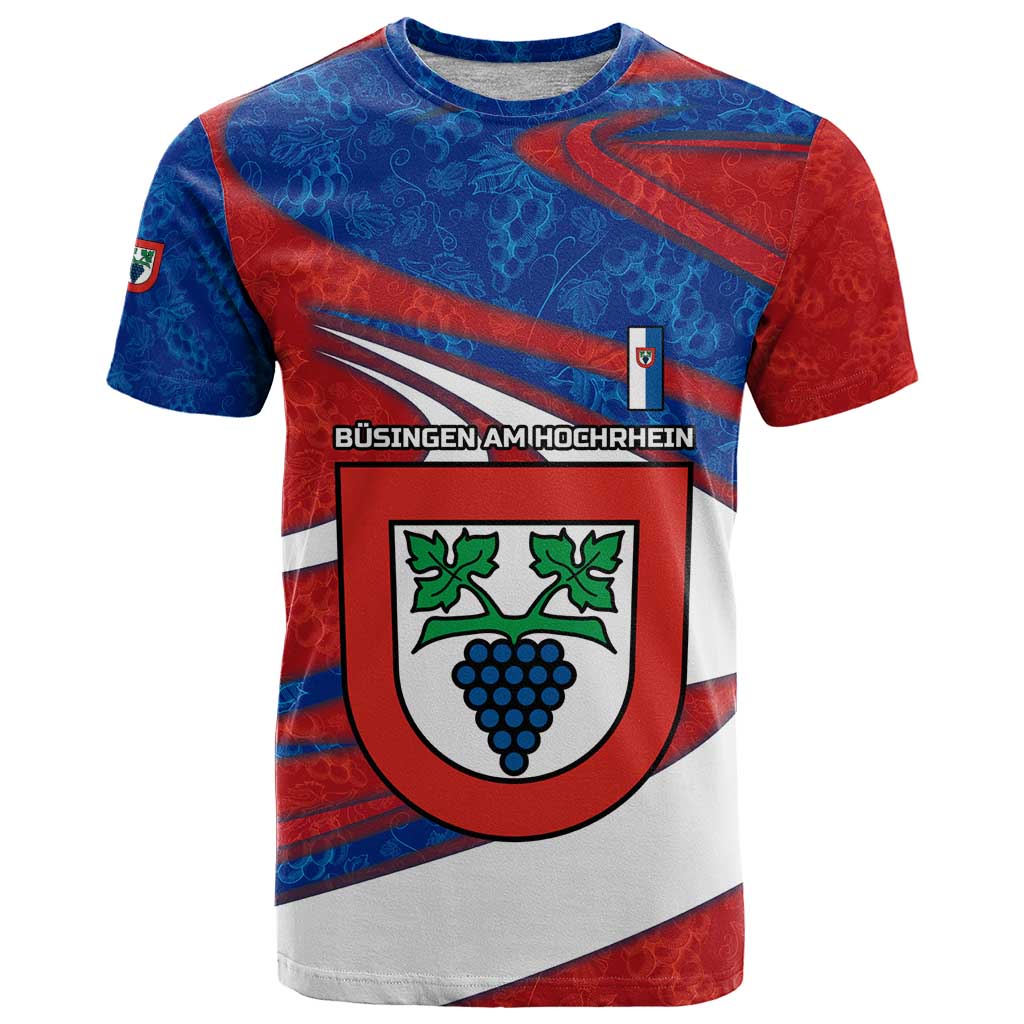 Busingen am Hochrhein Germany T-Shirt with Grape Crest Design and Red Blue Wine Theme Graphic Tee