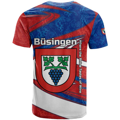 Busingen am Hochrhein Germany T-Shirt with Grape Crest Design and Red Blue Wine Theme Graphic Tee