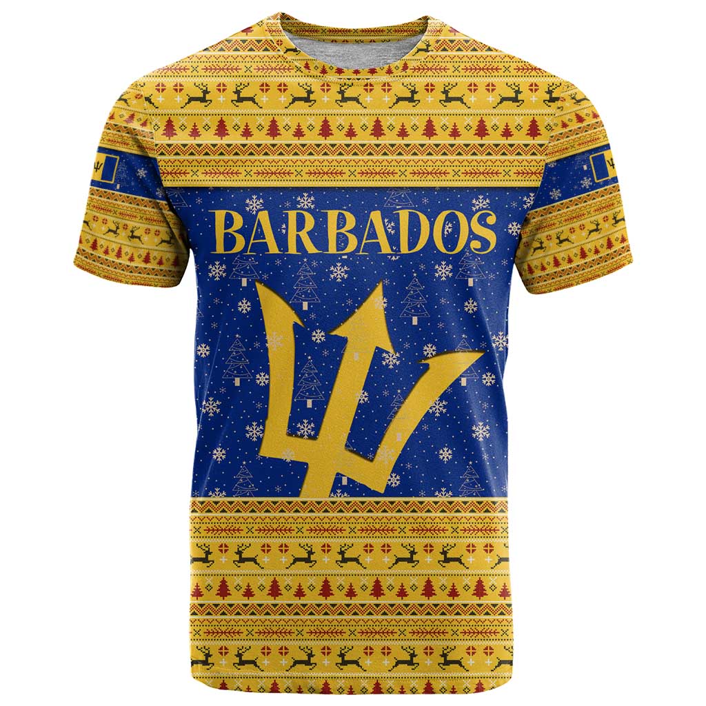 Barbados Christmas T-Shirt with Blue Yellow Xmas Trident Santa and Reindeer Graphic Tee