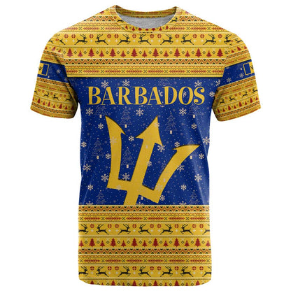 Barbados Christmas T-Shirt with Blue Yellow Xmas Trident Santa and Reindeer Graphic Tee