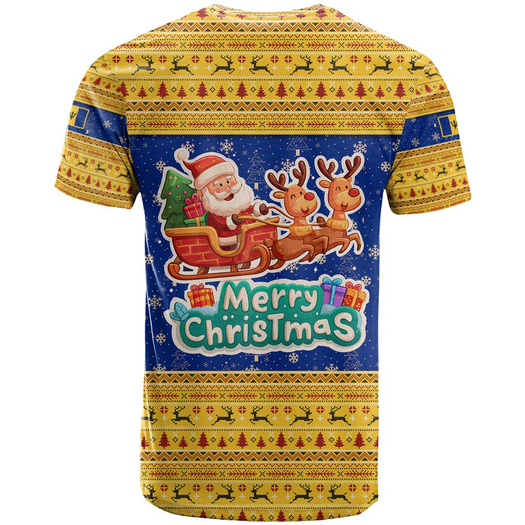 Barbados Christmas T-Shirt with Blue Yellow Xmas Trident Santa and Reindeer Graphic Tee