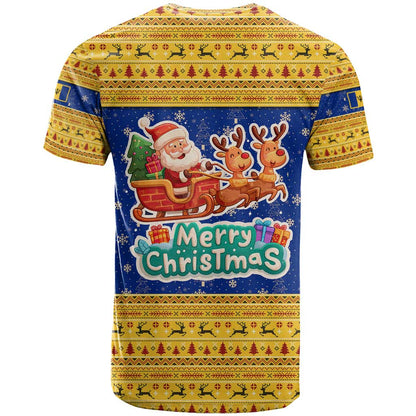 Barbados Christmas T-Shirt with Blue Yellow Xmas Trident Santa and Reindeer Graphic Tee