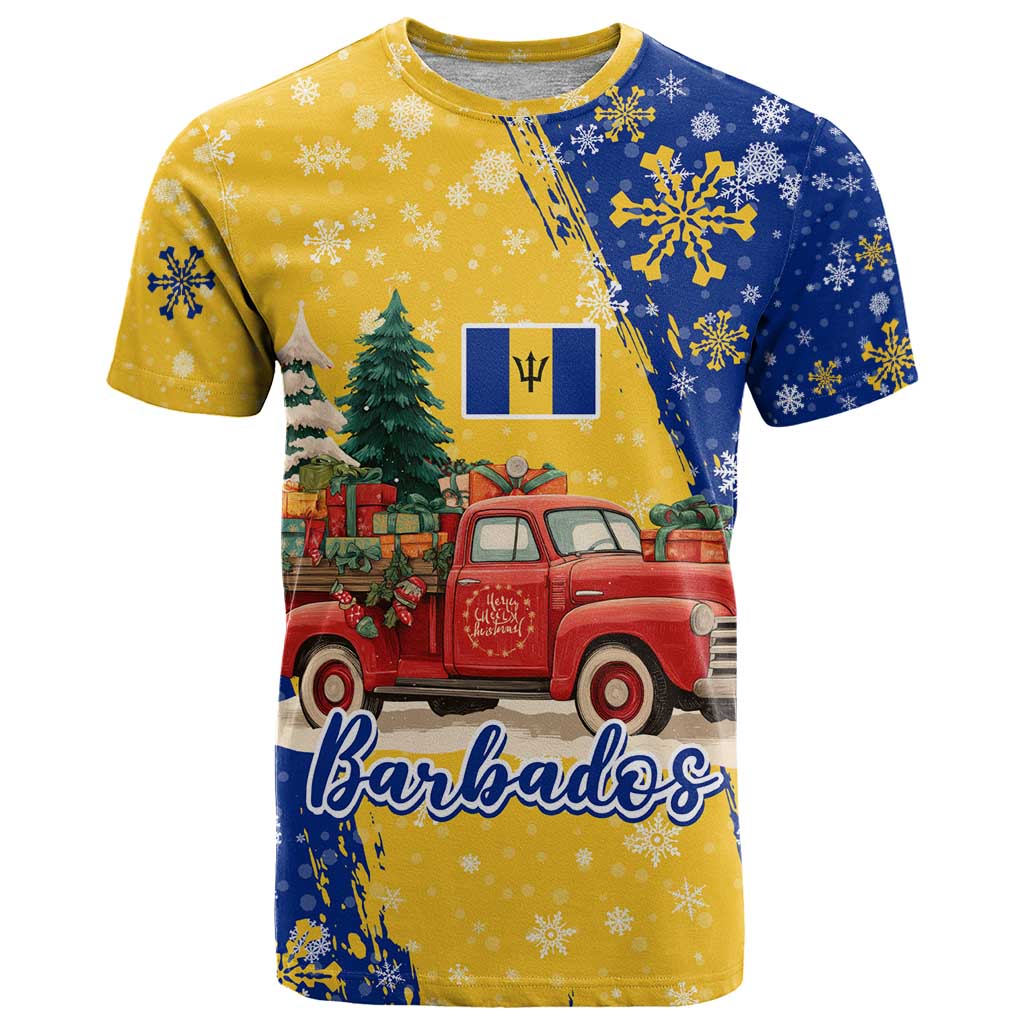 Barbados Christmas T-Shirt with Blue Yellow Xmas Snowflakes Red Truck and Coat of Arms Graphic Tee