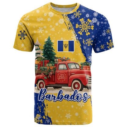 Barbados Christmas T-Shirt with Blue Yellow Xmas Snowflakes Red Truck and Coat of Arms Graphic Tee