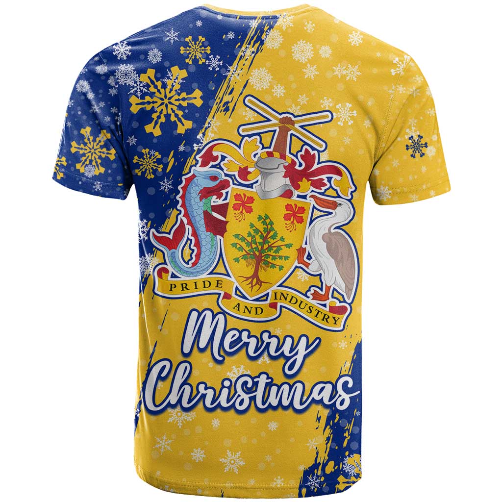 Barbados Christmas T-Shirt with Blue Yellow Xmas Snowflakes Red Truck and Coat of Arms Graphic Tee