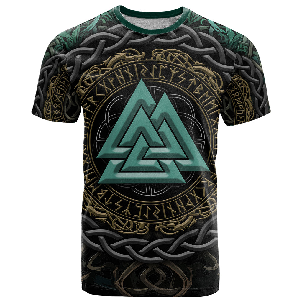 Viking T-Shirt Cyan Valknut and Yggdrasil Graphic Tee