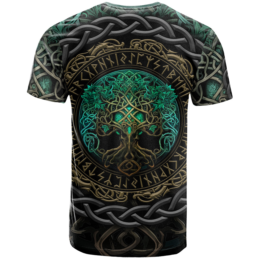 Viking T-Shirt Cyan Valknut and Yggdrasil Graphic Tee
