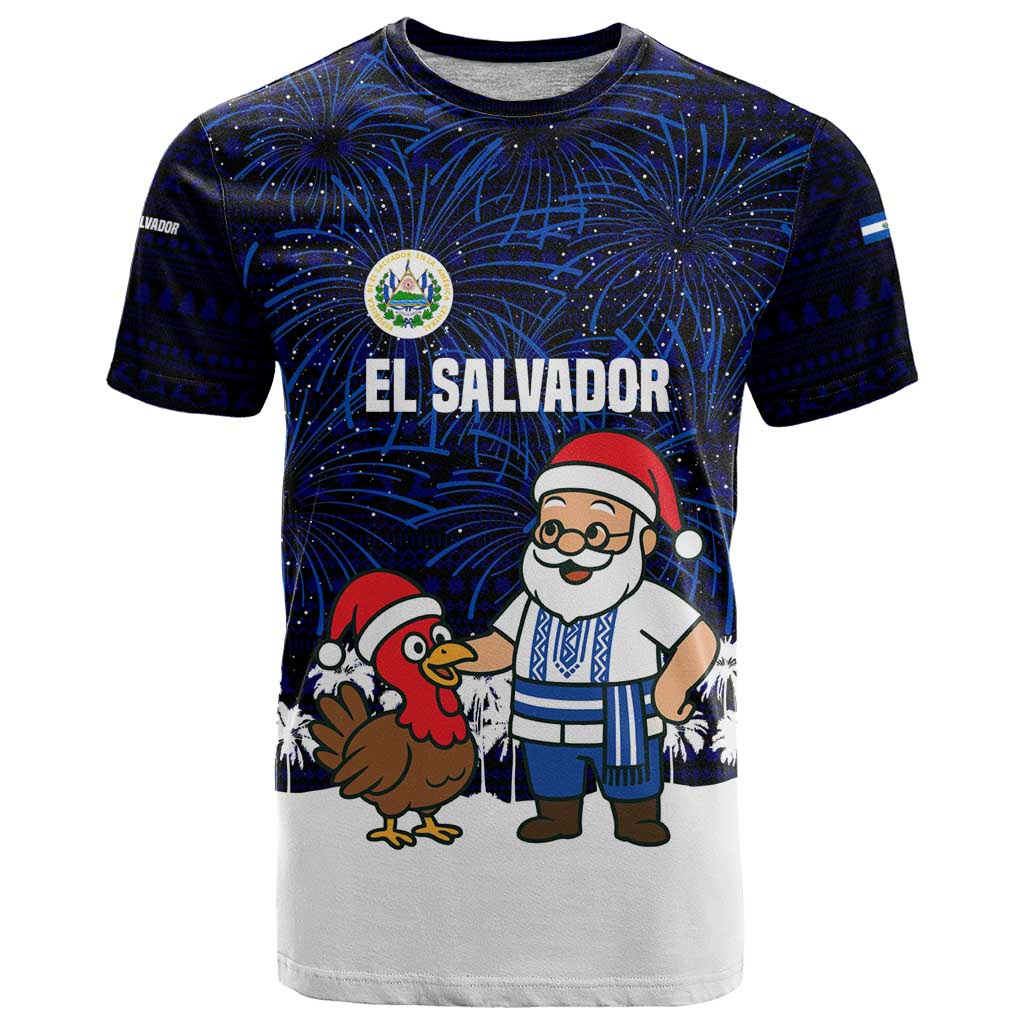 El Salvador Christmas T-Shirt with Santa Claus Turkey Fireworks Palm Trees and National Emblem Design Graphic Tee