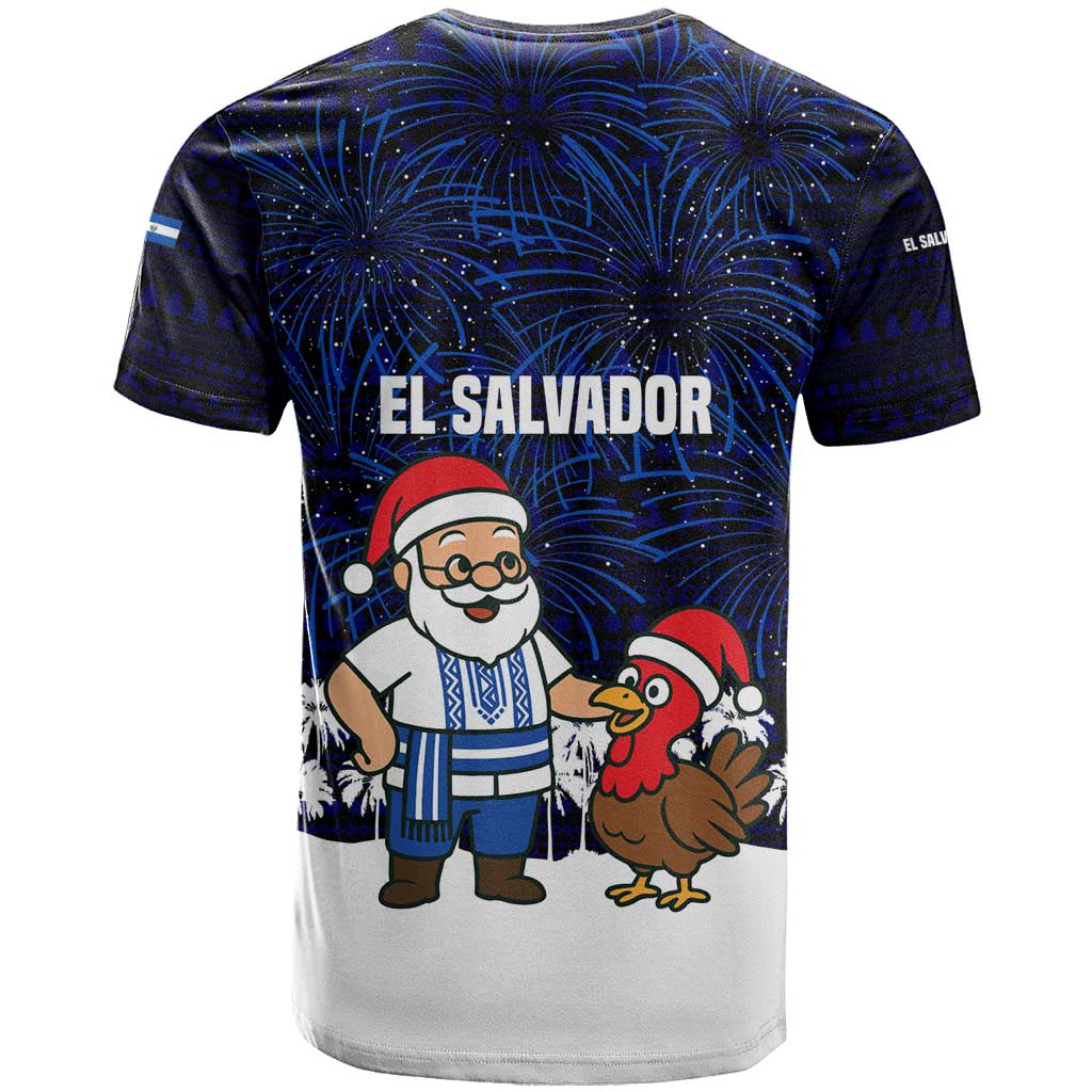 El Salvador Christmas T-Shirt with Santa Claus Turkey Fireworks Palm Trees and National Emblem Design Graphic Tee