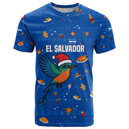 El Salvador Christmas T-Shirt with Santa Hat Motmot Bird Traditional Foods and Blue Festive Pattern Design Graphic Tee