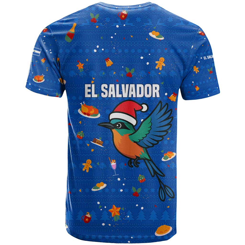 El Salvador Christmas T-Shirt with Santa Hat Motmot Bird Traditional Foods and Blue Festive Pattern Design Graphic Tee