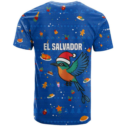 El Salvador Christmas T-Shirt with Santa Hat Motmot Bird Traditional Foods and Blue Festive Pattern Design Graphic Tee