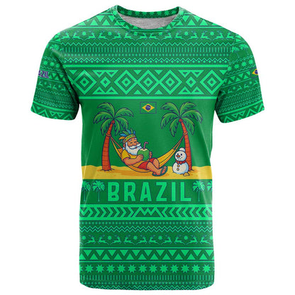Brazil Christmas T-Shirt with Santa Relaxing in Hammock Palm Trees Snowman and Tribal Pattern Design Graphic Tee