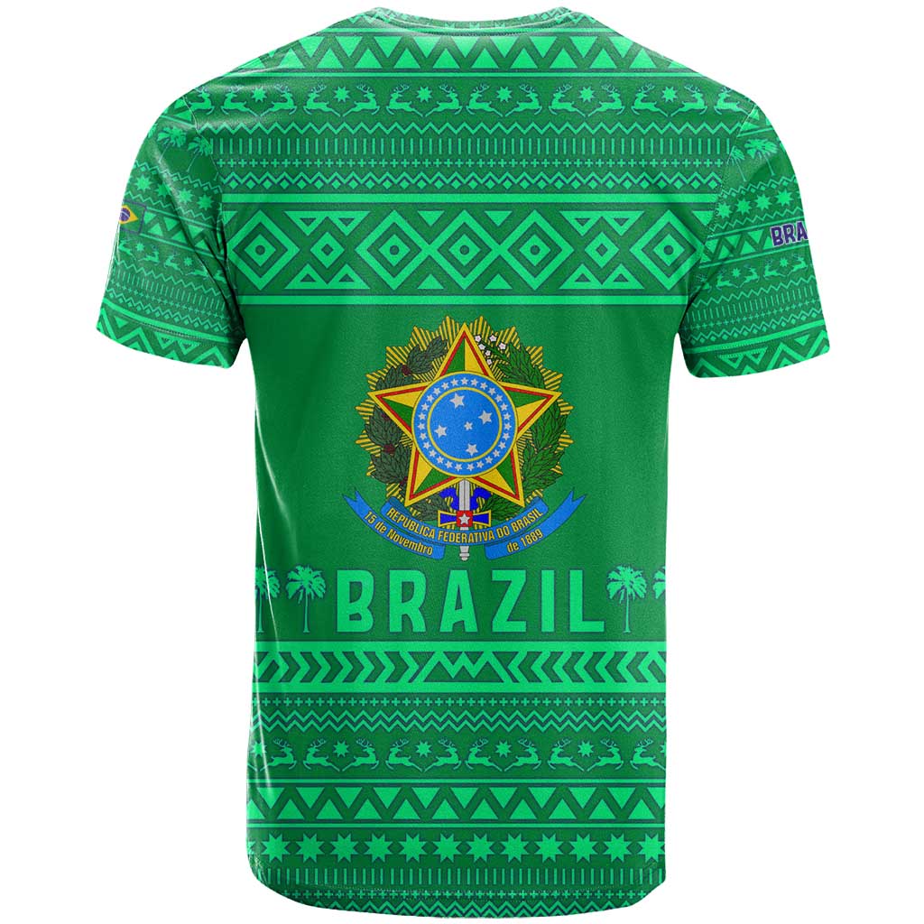 Brazil Christmas T-Shirt with Santa Relaxing in Hammock Palm Trees Snowman and Tribal Pattern Design Graphic Tee
